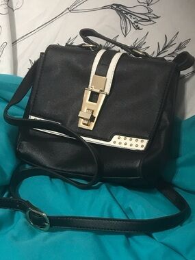 Cato Black Crossbody Bag with White Trim and Gold Hardware